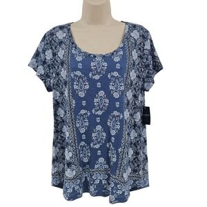 Lucky Brand Shirt Women L Blue Paisley Floral Boho Hippie Festive Tee Top